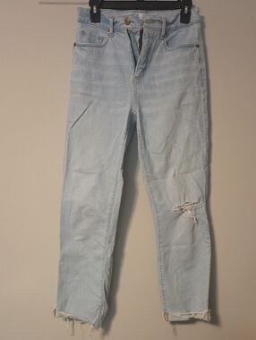 LOFT Light Blue High-Rise Straight Leg Jeans with Knee Distress
